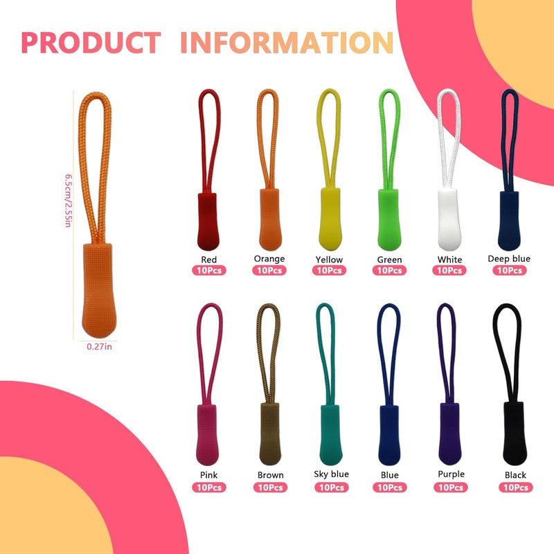 SHRJ 120Pcs Pulls Nylon Cord Zipper Tag Extension Pulls Fixer Cord Zipper Tag Replacement for Clothes, Luggage, Backpacks, Jackets, Handbag Tents, Sweatshirt, 12 Colors - Image 2